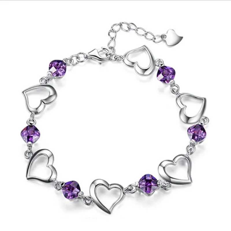 

KOFSAC 2018 Charm 925 Sterling Silver Bracelets For Women Wedding Fashion Luxury Purple Crystal Love Heart Bracelet Jewelry Gift