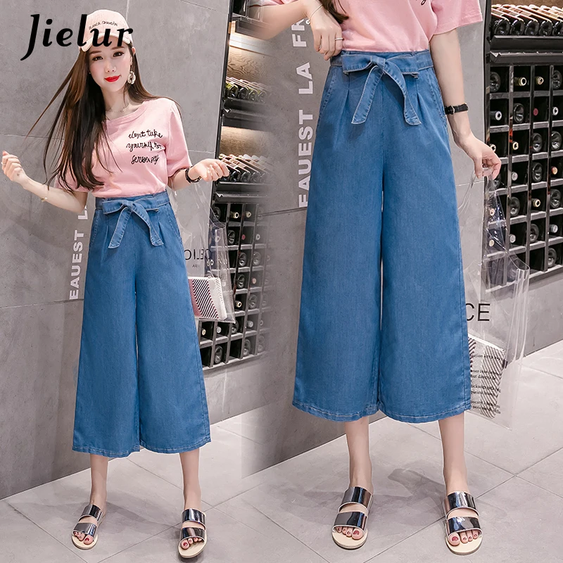 Jielur Loose Fashion Bow Wide Leg Mom Jeans for Women S-5XL Plus Size Feminino Pockets Slim Denim Capri Dropshipping |
