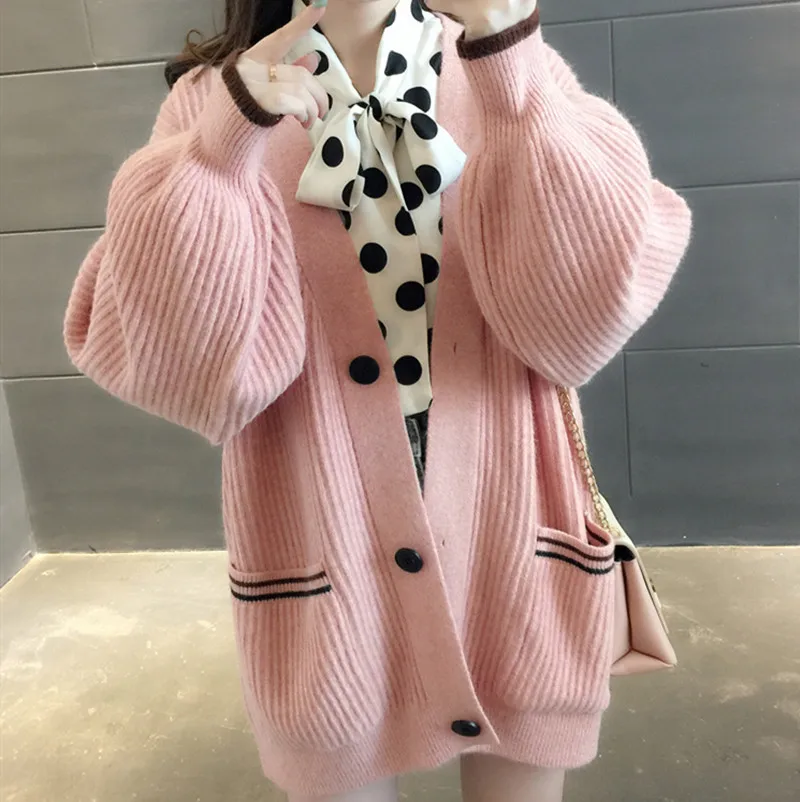 pink colour Мода, зима-осень, женские кардиганы с рукавом-фонариком, Повседневные вязаные пончо, свитера, большие размеры, прочные кардиганы, корейский стиль, Sueter - Цвет: pink colour