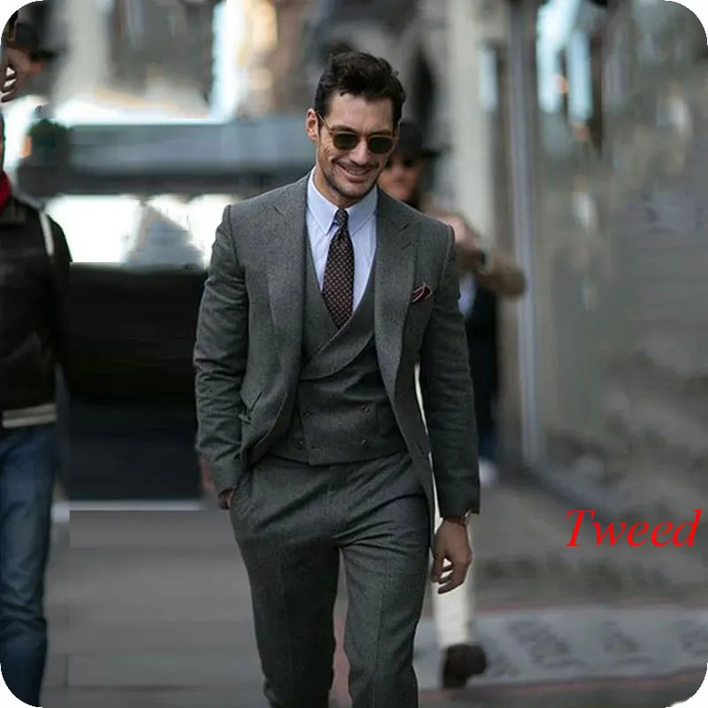 

Мужской твидовый костюм темно-серого цвета с отворотами, двубортный приталенный костюм из 3 предметов, смокинг, Мужской Блейзер на заказ, Homme