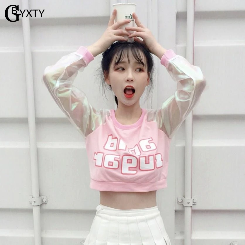 GBYXTY голографические Топы женские Harajuku сетчатая Лоскутная Прозрачная Футболка с длинным рукавом укороченная футболка розовая футболка Femme ZA1606