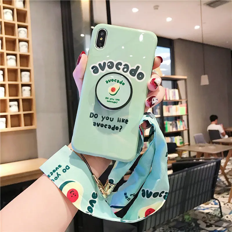 Вишневый складной чехол-подставка для iphone 11 11Pro Max X XS Max XR 6 6s 7 8 Plus Мягкий, симпатичный, из ТПУ Чехол-держатель авокадо с ремешком - Цвет: Зеленый