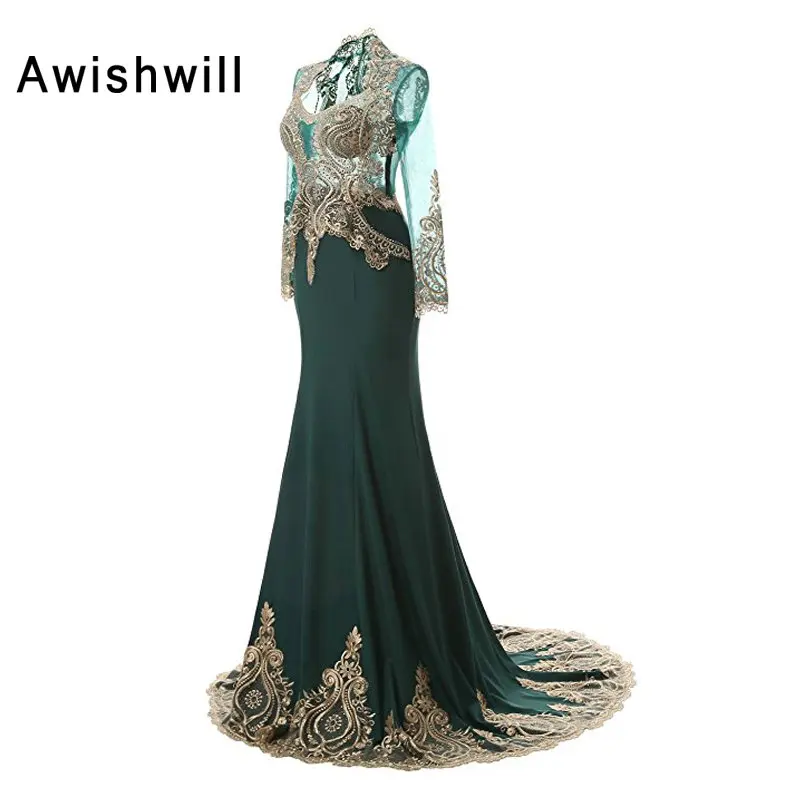 Новые вечерние платья Дубая 2020 с плащом, золотым кружевом, длинными рукавами, рыбьим хвостом для женщин, формальные платья Vestido Longo.