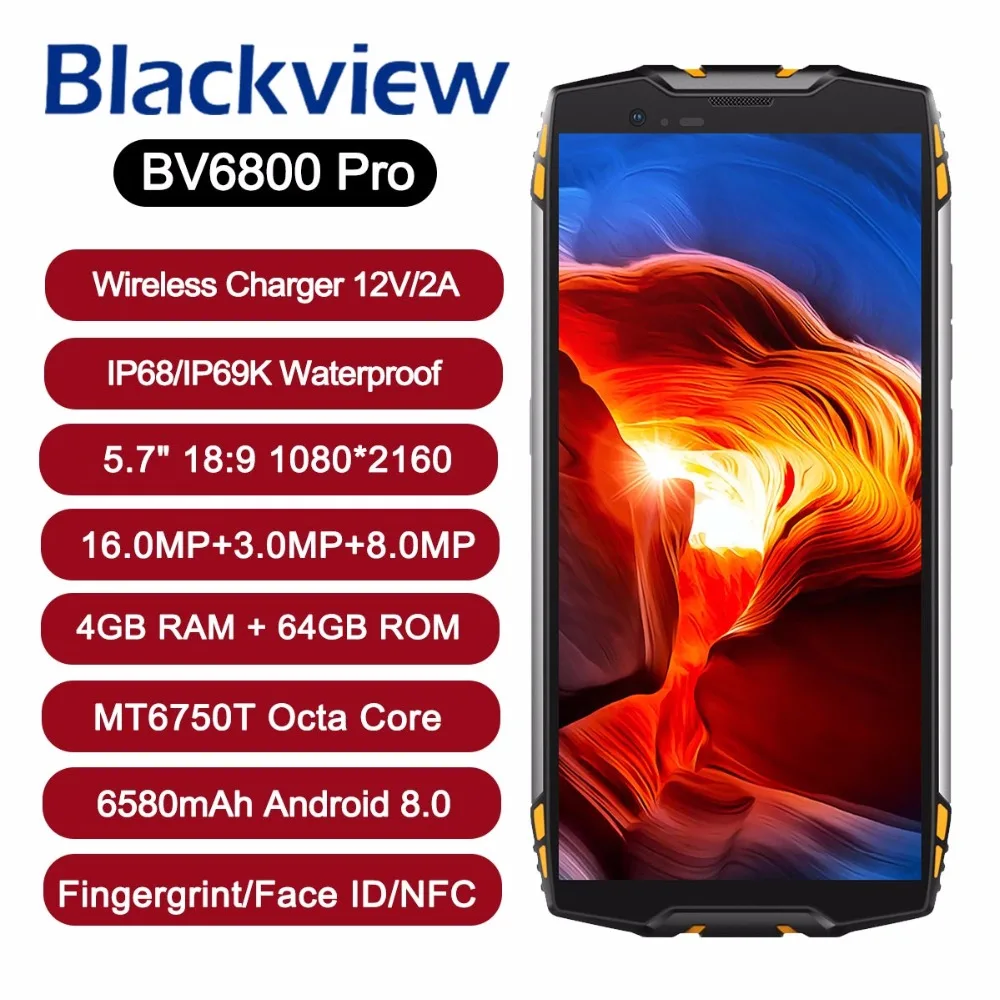 

Blackview BV6800 Pro IP68 Waterproof smartphone 4GB+64GB 5.7" 18:9 MT6750T Octa Core 16.0MP Android 8.0 6580mAh Wireless charger