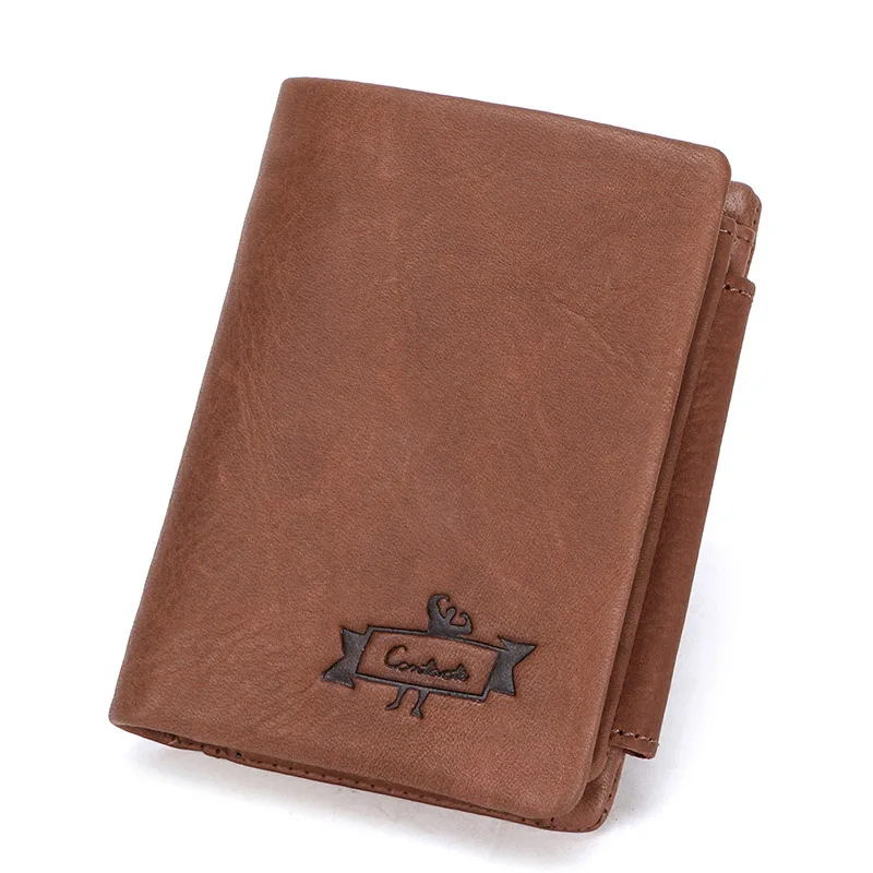 brown B CONTACT'S Тройной кошелек из натуральной кожи винтажном стиле мужские короткие кошельки с фото держателем молния портмоне - Цвет: brown B