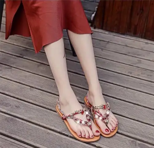 New seaside sandals for women in 2019 Summer Water Drill Ethnic Wind Bohemia Beach Shoes Pinch Foot Flat Bottom Roman Baitie | Обувь