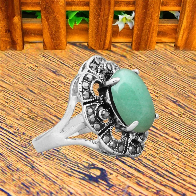 Oval Natural Stone Rings For Women Vintage Look Antique Silver Plated Rhinestone Plum Flower Gemstone Ring Fashion Jewelry TR693