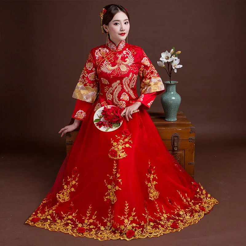 Women Traditional Cheongsam Wedding Gowns Bride Red Chinese Dress Qipao Phoenix Embroidery Robe Oriental Style Dresses | Тематическая
