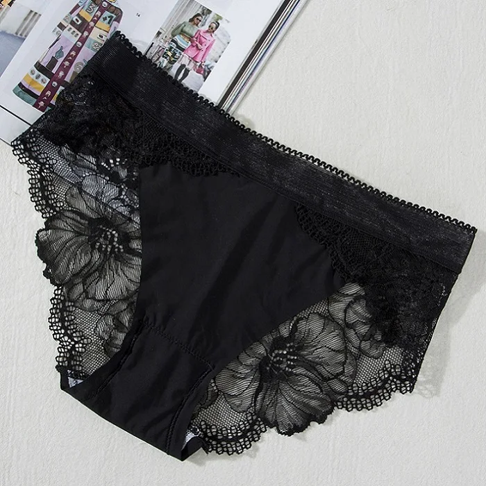 BLACK Сексуальные трусики, женское нижнее белье, кружевные трусы, Calcinhas Lingeries, бесшовные трусики размера плюс, шорты, нижнее белье для девушек, брюки с цветочным принтом 3XL - Цвет: BLACK