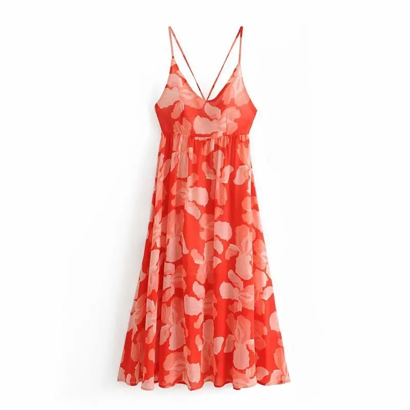 Boho Summer New Women's Fashion Chest Pad Flower Print Backless Lace Up Spaghetti Strap Sexy Holiday Maxi Dress L