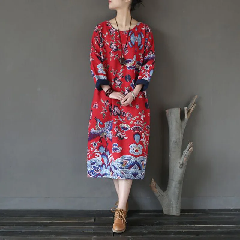 Женское весенне-осеннее платье 2017 новое модное хлопковое льняное с принтом птицы