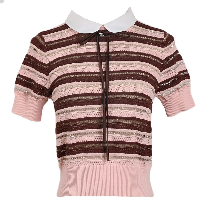 GRUIICEEN 2019 spring summer short sleeve slim sweater striped pattern knitted pullovers top with bow tie GY2018752 | Женская одежда