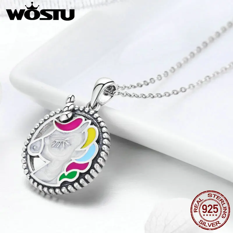 WOSTU,, 925 пробы, серебряный, разноцветный, единорог, подвеска, колье, ожерелье для женщин, девушек, ювелирное изделие, свадебный подарок, CQN266