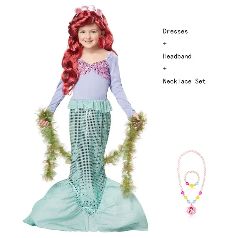 Green Dresses 04 Маскарадные костюмы для девочек, Русалочка, Линда, фантазия, менина Ариэль, праздничные платья с жемчугом, Детские карнавальные костюмы на Хэллоуин - Цвет: Green Dresses 04