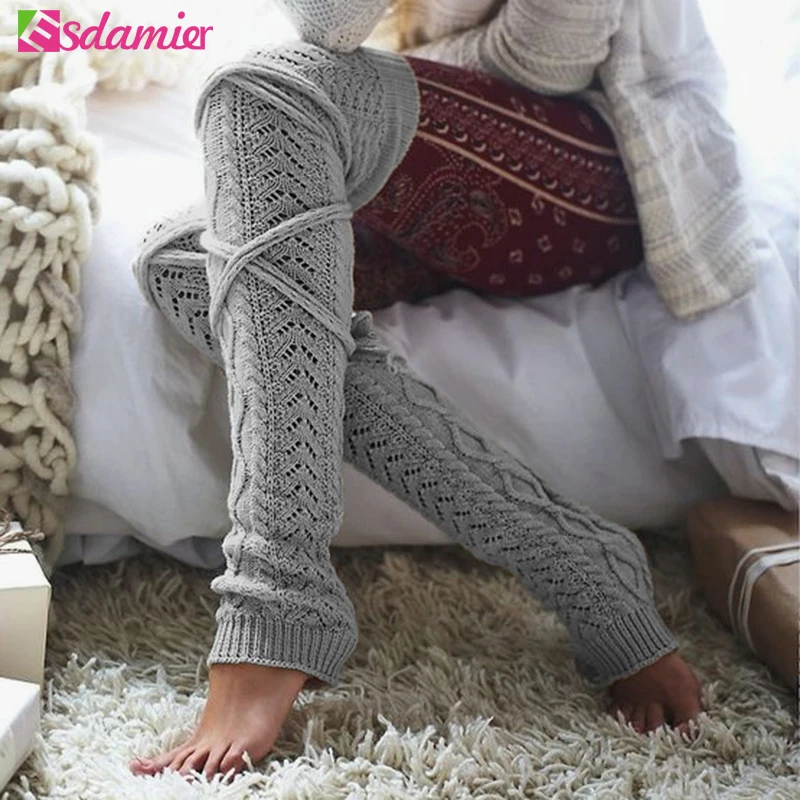 Зимние вязаные гетры чулки выше колена со шнуровкой женские чулки|knitted leg