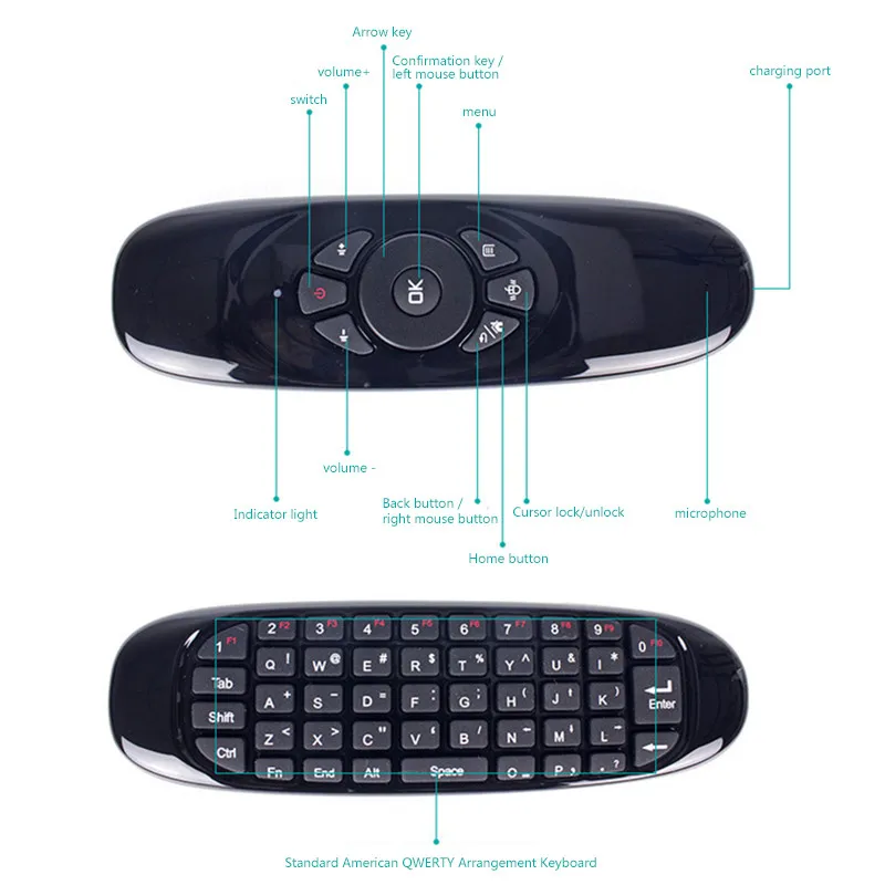 Русский Английский Португальский C120 Fly Air mouse 2,4G мини беспроводная клавиатура Пульт дистанционного управления с перезарядкой для ПК Android tv Box