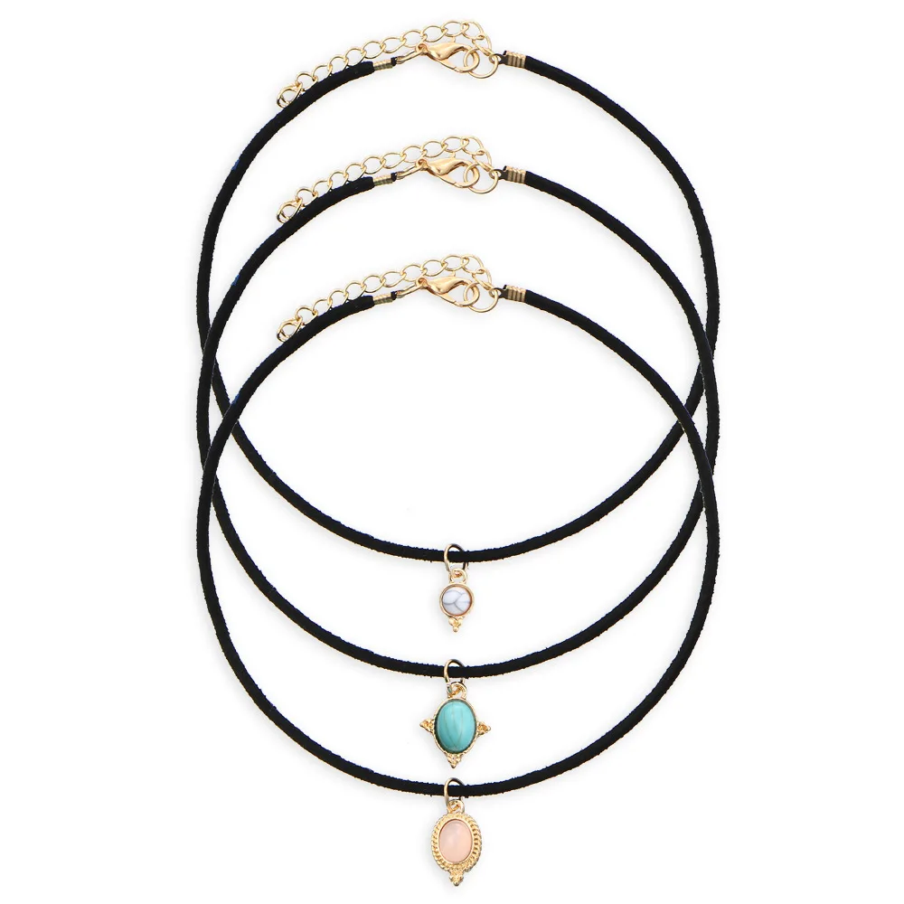 Кожаные ожерелья Бархатный чокер Женские Подвески золотого цвета синие Бусины