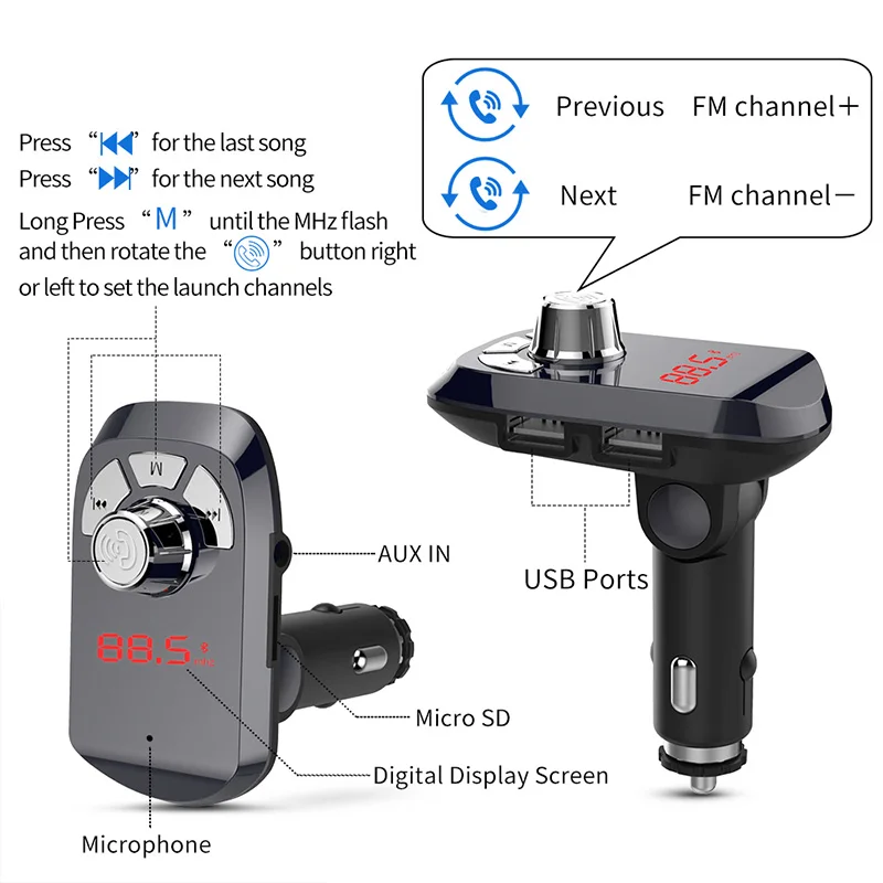 Беспроводной адаптер Voulttom для автомобиля, fm-передатчики, Bluetooth 4,2, MP3, музыкальный плеер, TF, флеш-музыка, 5 В, 2,4 А, USB зарядное устройство для автомобиля