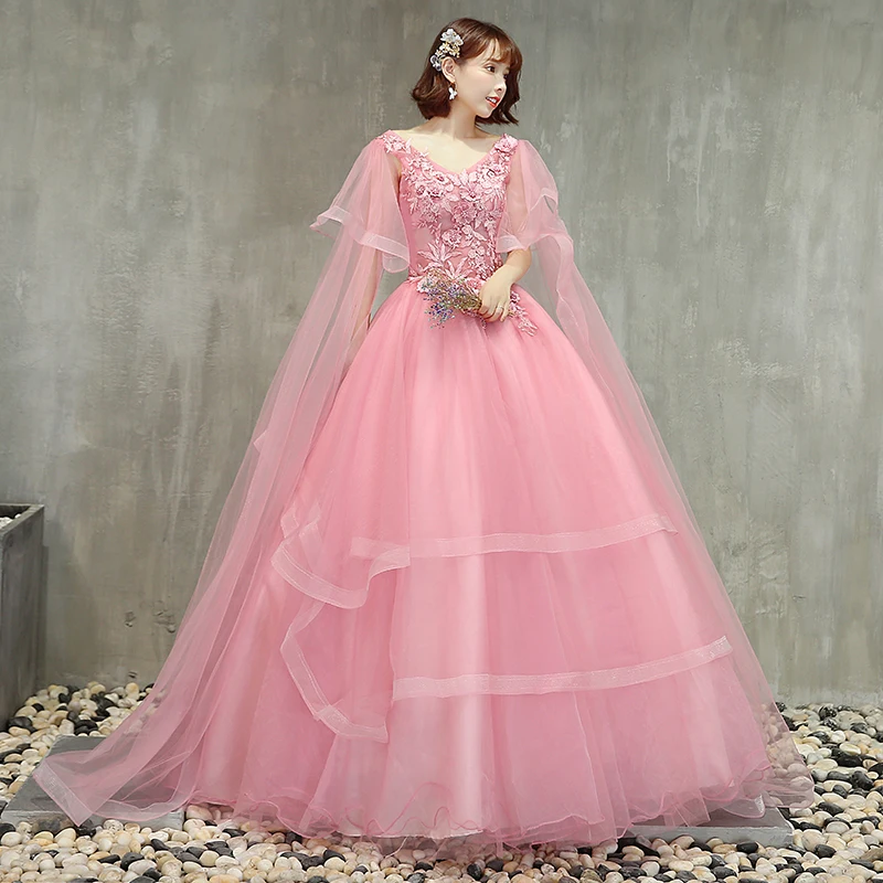 

Hot Sale Pink Quinceanera Dresses V-neck Appliques Puffy Ball Gowns Tiered Skirt Vestidos De Gala Largos Sweet 16 Prom Gowns