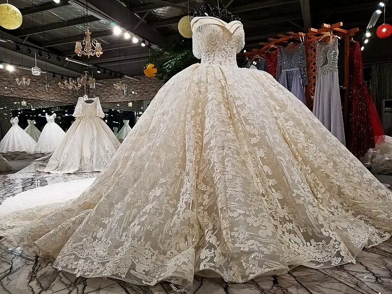 LS11457 Роскошное свадебное платье отбортовывающее бальное платье от плеча зашнуруйте кружево свадебное свадебное платье собора поезда реальные фото