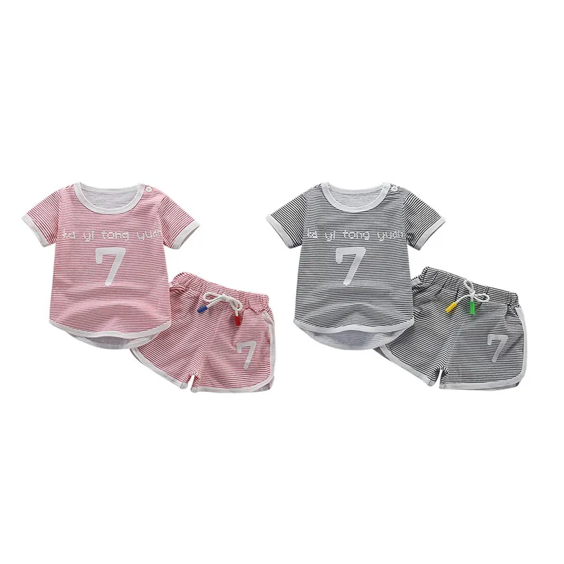 

Baby girl clothes in summer stripe letter short sleeve shirt+shorts cotton soft sport suits outfit for 0-5T