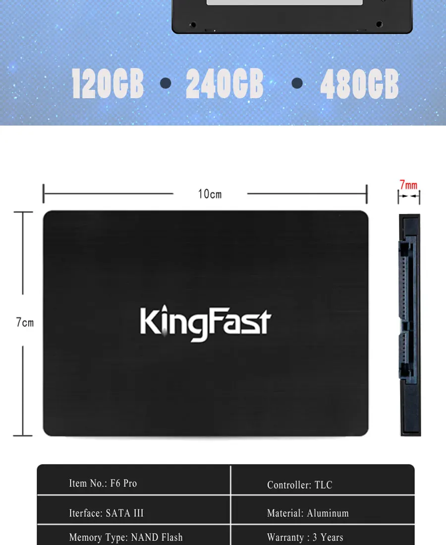 Kingfast сверхтонких металлических 2," SATA III SSD ЖЕСТКИЙ ДИСК ВНУТРЕННИЙ 120 ГБ 240 480 1 ТБ с Кэш SATA3 6 Гбит/с для ноутбуков и настольных