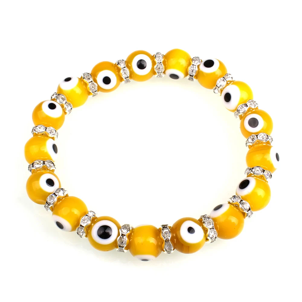 yellow YYW Новые оптовые этнические сглаза Стразы Религиозные ювелирные изделия браслет красочные 10 мм ручной работы лэмпворк турецкие браслеты для женщин - Окраска металла: yellow