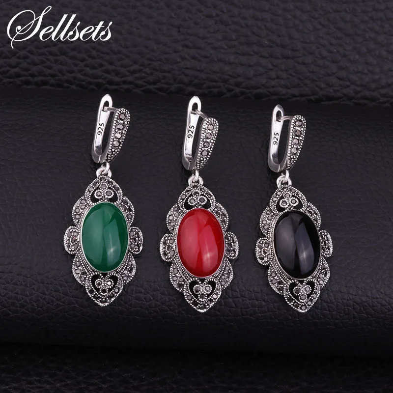 Sellsets, этнические Винтажные серьги, черные стразы, красные, зеленые, черные, эмалированные висячие серьги, серебряный цвет, богемное ювелирное изделие