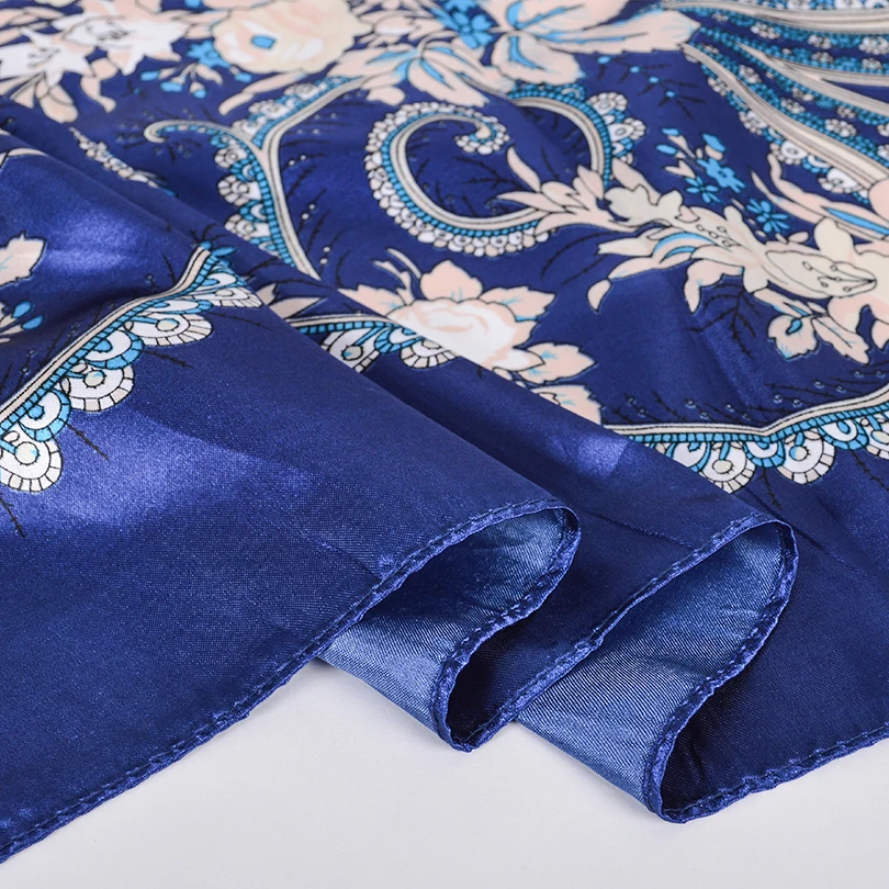 [BYSIFA] White Chinese Roses Women Silk Scarf Shawl 2018 Spring Autumn Satin Large Square Scarves Wraps Navy Blue Pink Grey Red| |