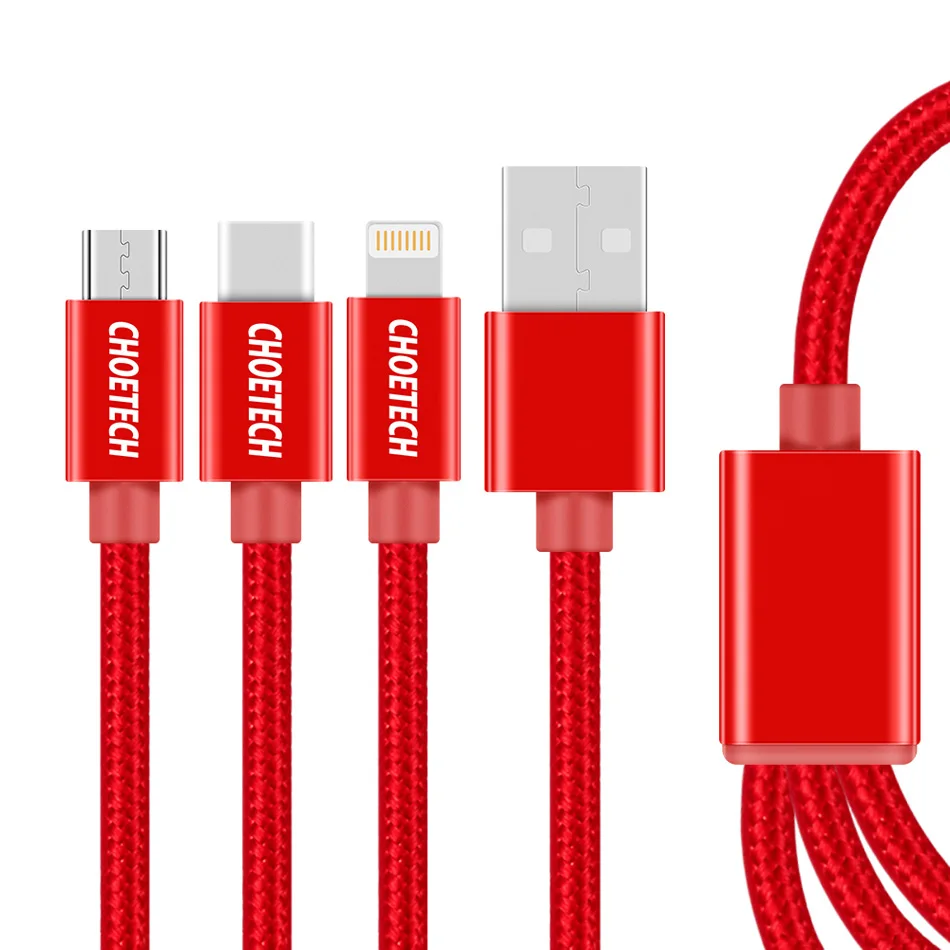 Красный CHOETECH 3 в 1 Usb кабель для зарядки Micro type C кабель 3 в 1 USB кабели для мобильных телефонов для iphone 8 plus samsung xiaomi - Цвет: Красный
