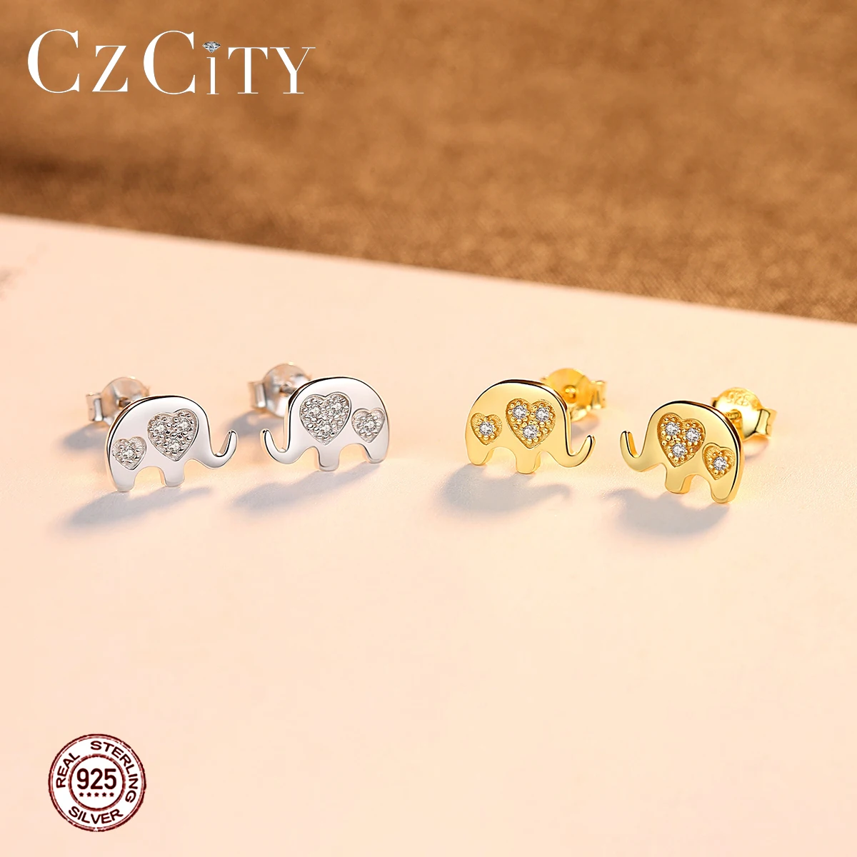 CZCITY Двойное сердце 925 стерлингового серебра серьги гвоздики в виде слона для