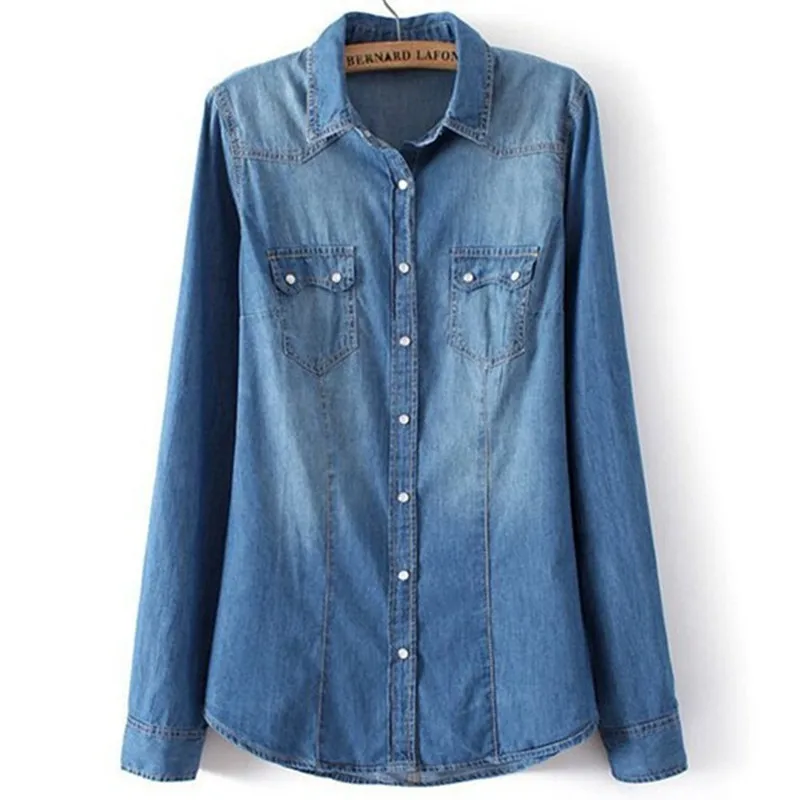 Женская синяя джинсовая рубашка Мягкие карманы с длинным рукавом откидываются