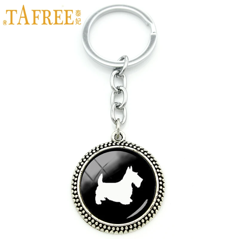 

TAFREE Vintage cute animal jewelry keychain Scottish Terrier pet dog glass cabochon pendant key ring holder pet lover gift KC504