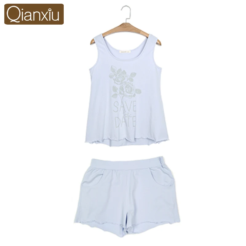 Qianxiu пижамы комплект для женщин рукавов Pyjama роковой 95% хлопок Homedress - Цвет: women blue