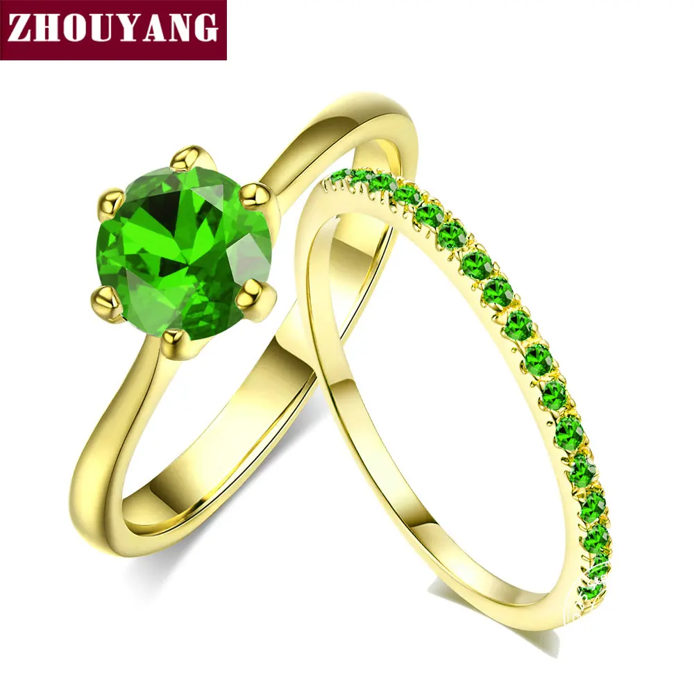 Yellow Gold Green ZHOUYANG, обручальное кольцо, набор для женщин, Forever, классический стиль, много цветов на выбор, AAA+ CZ, розовое золото, 2 шт., модное ювелирное изделие SR013 - Цвет основного камня: Yellow Gold Green