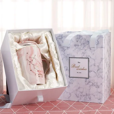 With gift box OUSSIRRO натуральный мрамор 12 созвездие керамическая розовая Зодиак кружка с крышкой кофейные кружки творческая личность чашка 400 мл без свинца - Цвет: With gift box