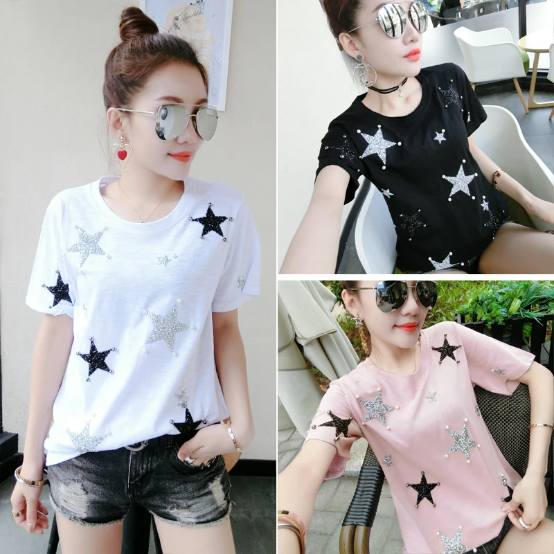 Женская футболка с коротким рукавом белая жемчугом и стразами летняя пентагоном