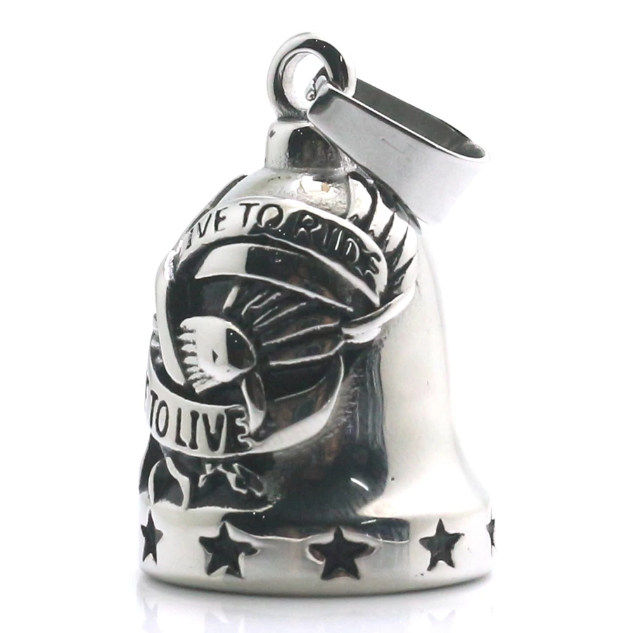 Mens 316L Stainless Steel Cool Ride To Live, Live To Ride Stars Silver Eagle Biker Newest Ring Bell Pendant