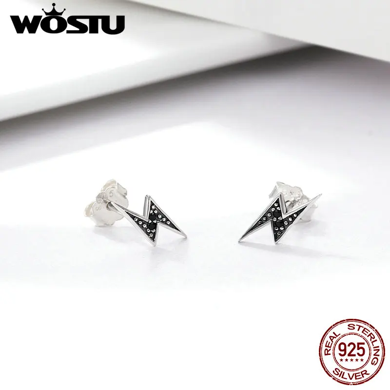 WOSTU 925 пробы серебро черный молния серьги гвоздики для женщин ювелирные изделия S925 подарок CQE156