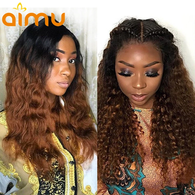 Ombre Color 1B/30 Ginger Caramel 360 Lace Frontal Deep Curly Real Long Human Hair Wig Remy Indian Invisible PrePlucked Aimu