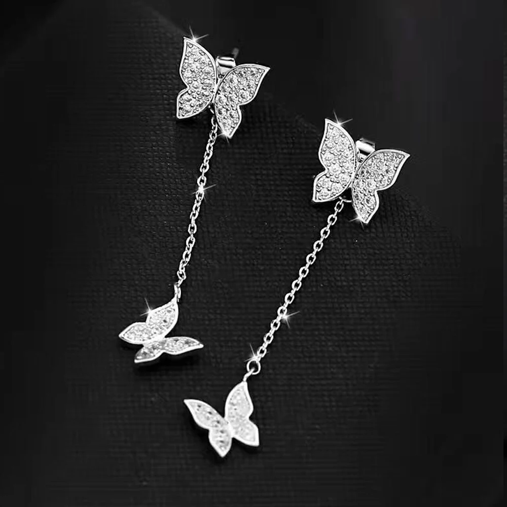 Женские длинные серьги гвоздики с фианитом серебряного цвета|butterfly stud earrings|stud