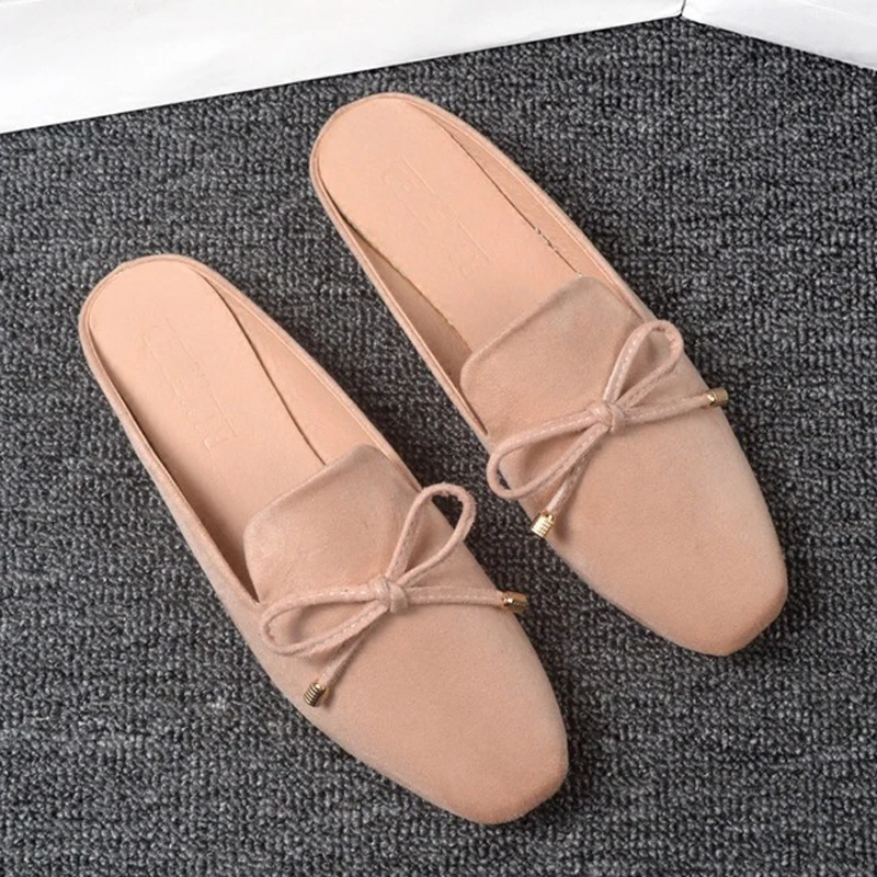 Женские летние шлепанцы с бантом модные замшевые квадратным носком женские на