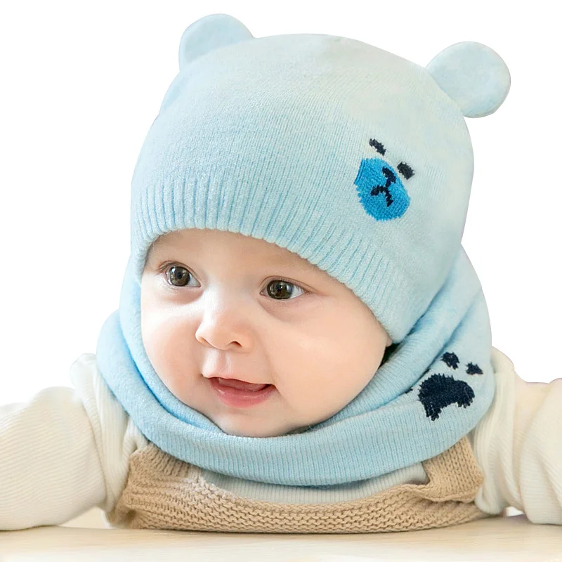Cartoon Baby Hat Scarf Set Spring Cotton Beanie For Girls Cute Bear Soft Newborn Boys Clothing | Детская одежда и обувь