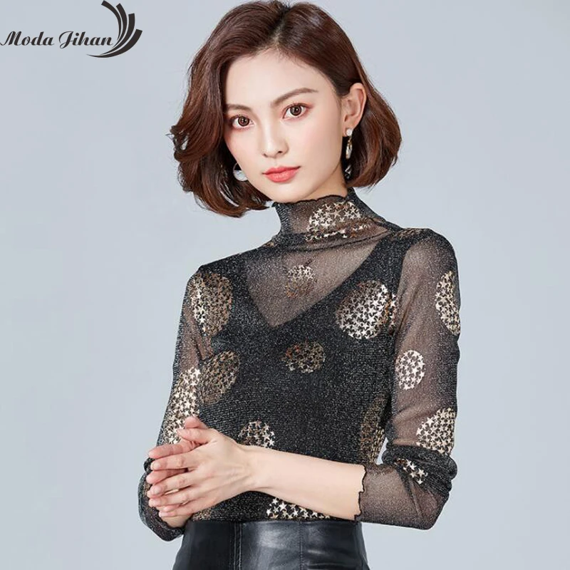 Moda Jihan, женские рубашки, блестящая сетка, кружева, звезды, длинные рукава, Топы И Футболки с внутренней одеждой, тянущаяся рубашка, оборки, обрезка, Топ