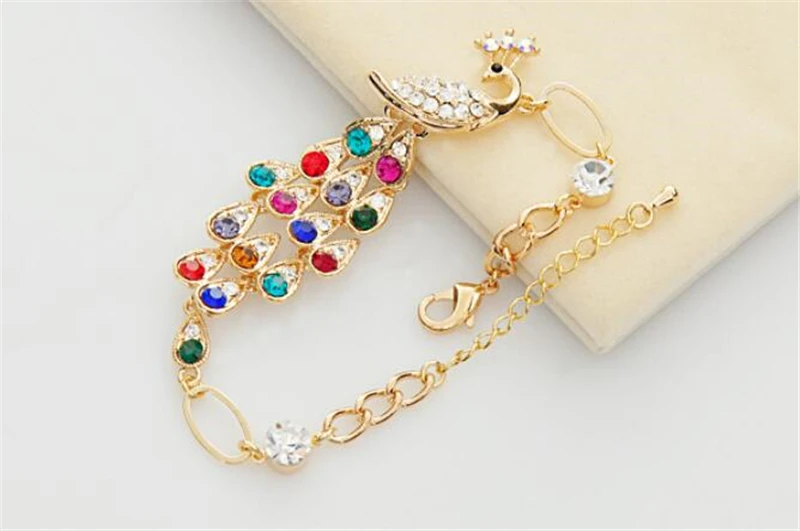 2019 Fashion Colorful Peacock Bracelet Shiny Rhinestone Phoenix For women Gold Chain Jewelry Gift pulsera | Украшения и