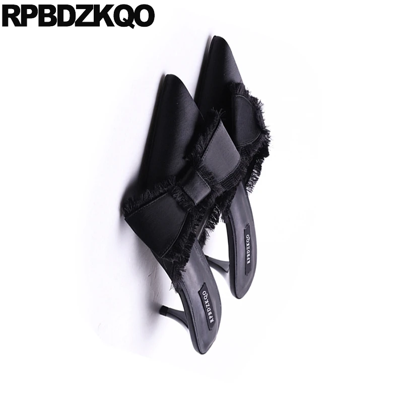 Kitten Medium Heels Black Closed Toe High Satin Bow Fringe Sandals Size 4 34 Mules Slipper Shoes Pumps Pointed Women Sweet Peach | Обувь