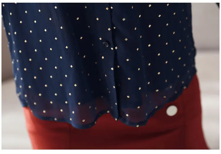 2019 New Fashion Women's Polka Dot Lace Up Bow Shirt Long Flare Sleeve Chiffon Button Stand Blouses Office Lady Hot SalesT91603Z |