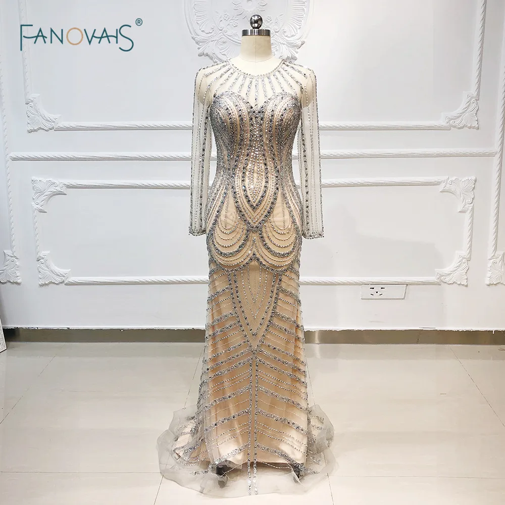 

Luxury Prom Dress 2020 Scoop Mermaid Evening Dress Long Sleeve Tassel Full Beaded Tulle Formal Party Gown Vestido de Fiesta NE94