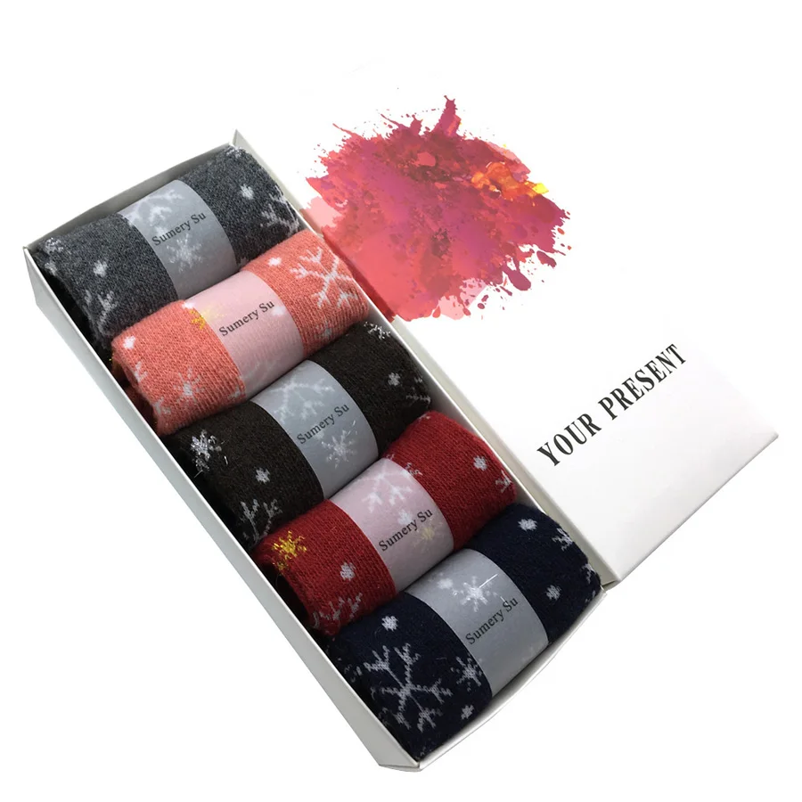 With Gift Box 5 пар/партия, шерстяные носки для женщин, зимние теплые кашемировые носки с цветочным узором для девушек, Рождественский подарок - Цвет: With Gift Box