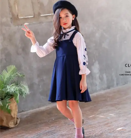 

Cultiseed Girl Autumn Dress Sets Big Children Floral Embroidery Shirts+Solid Color Pleated Dress Set Suit Kids Party Dresses